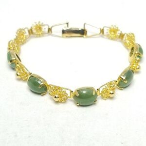 Vintage Gold Tone and Green Cabochon Panel Link Bracelet, Unique Design, Estate